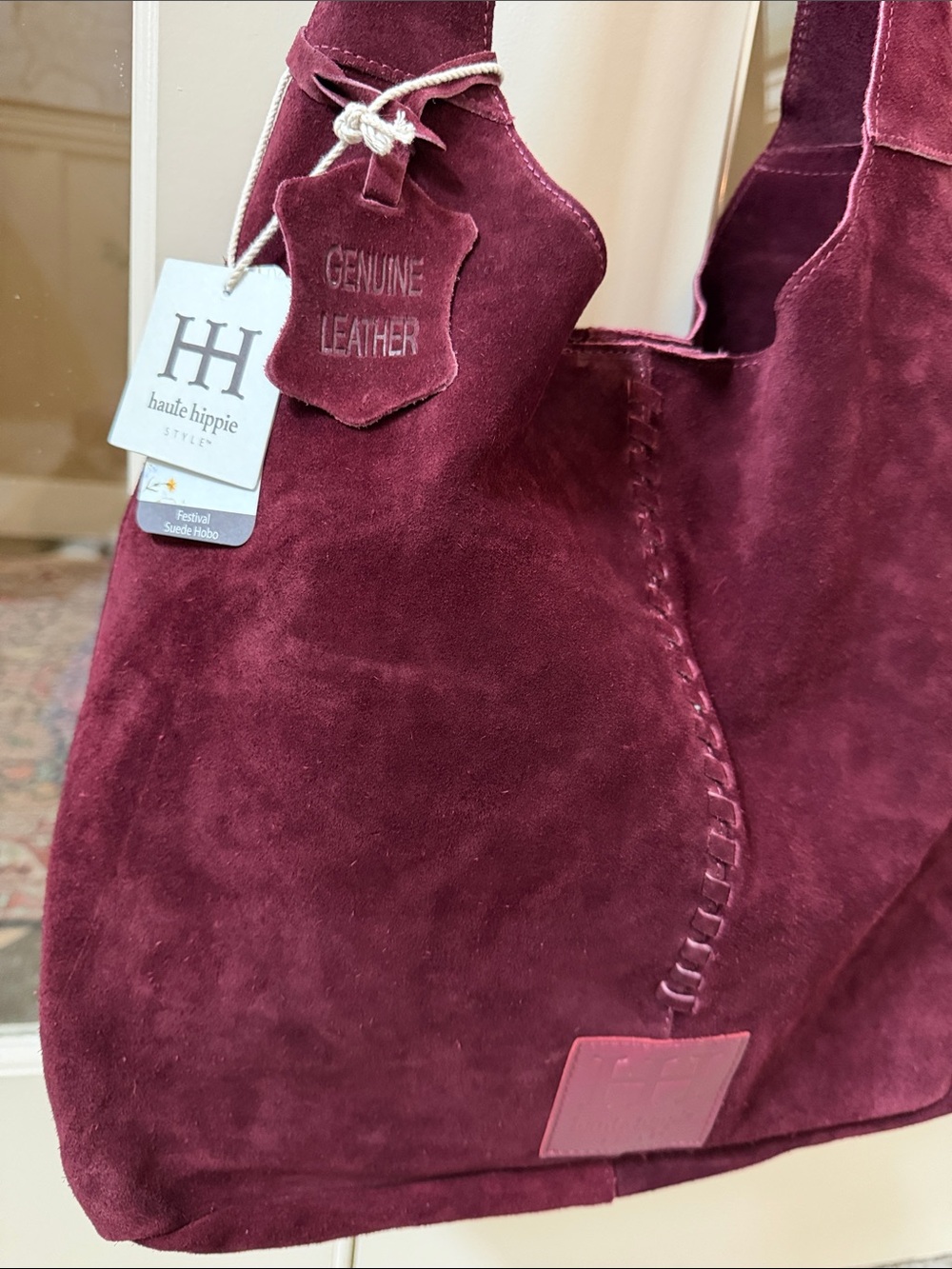 Haute Hippie Women’s Festival Genuine Suede Slouchy Hobo Bag – Rich Burgundy - Picture 3 of 8